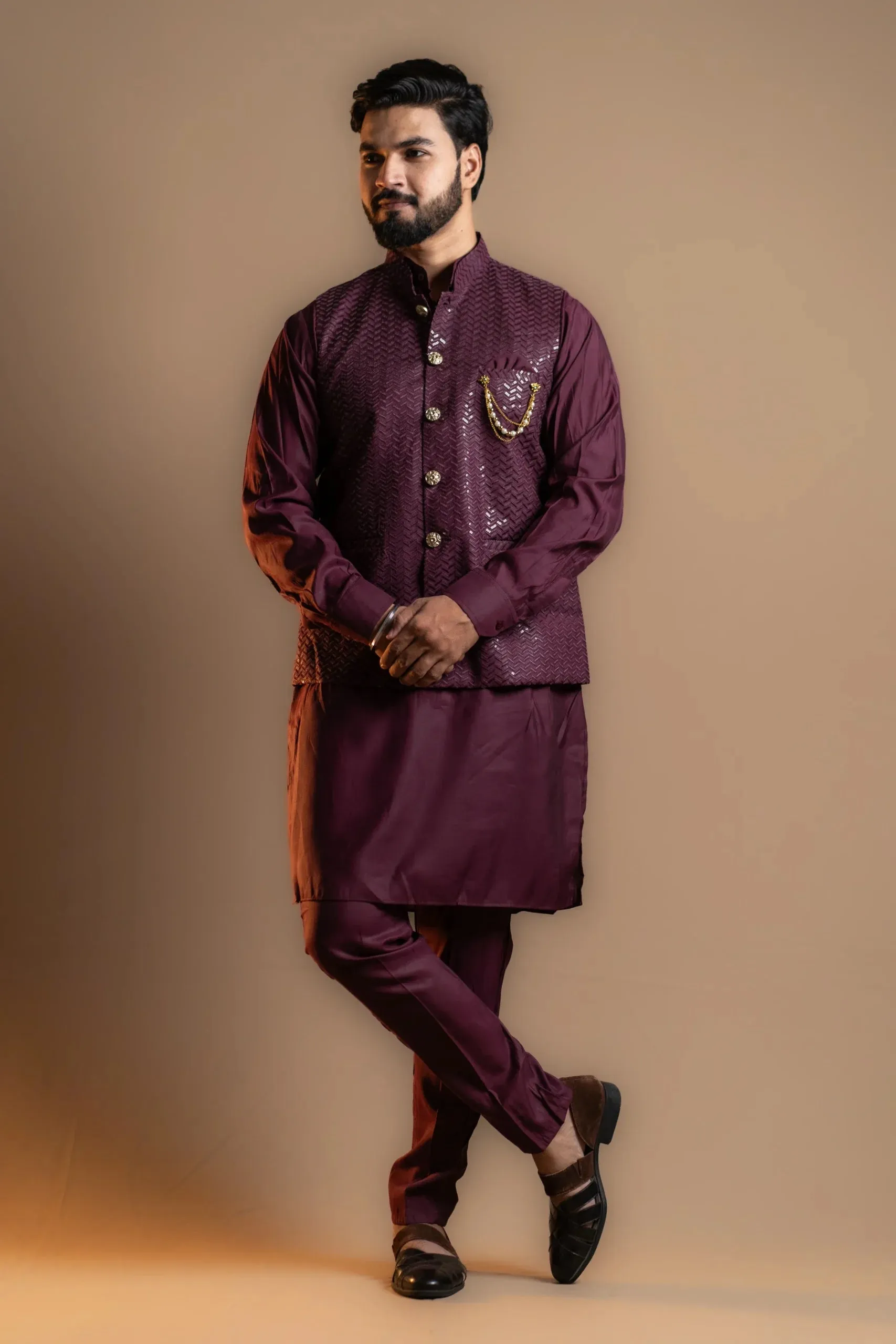 Wine-colored Kurta Pajama Set with Koti for Men