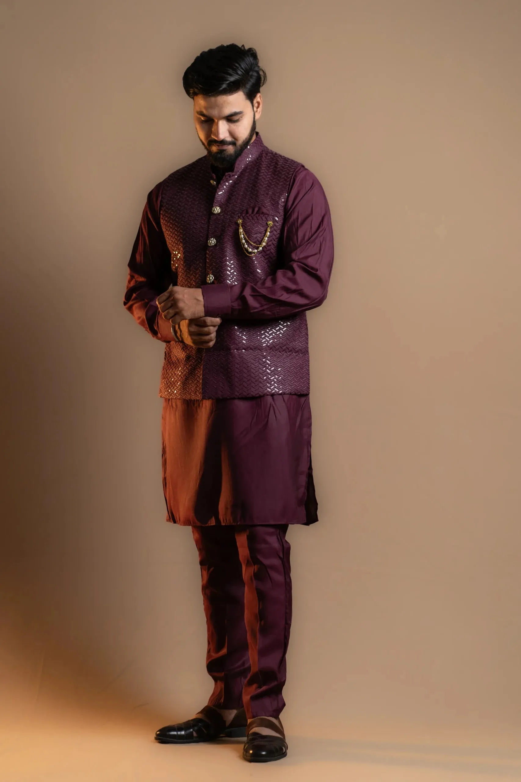 Wine-colored Kurta Pajama Set with Koti for Men