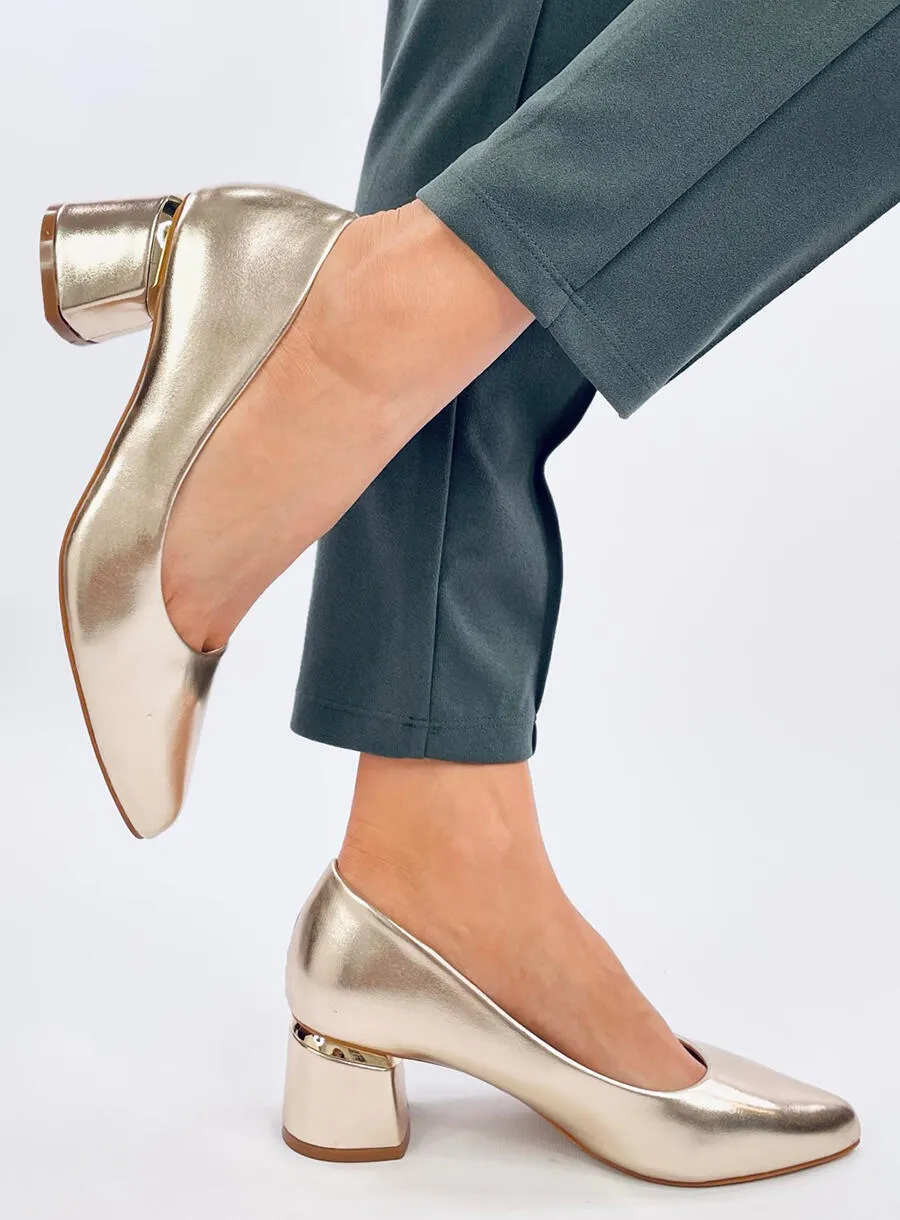 Woman Gold Block Heels Court Shoes