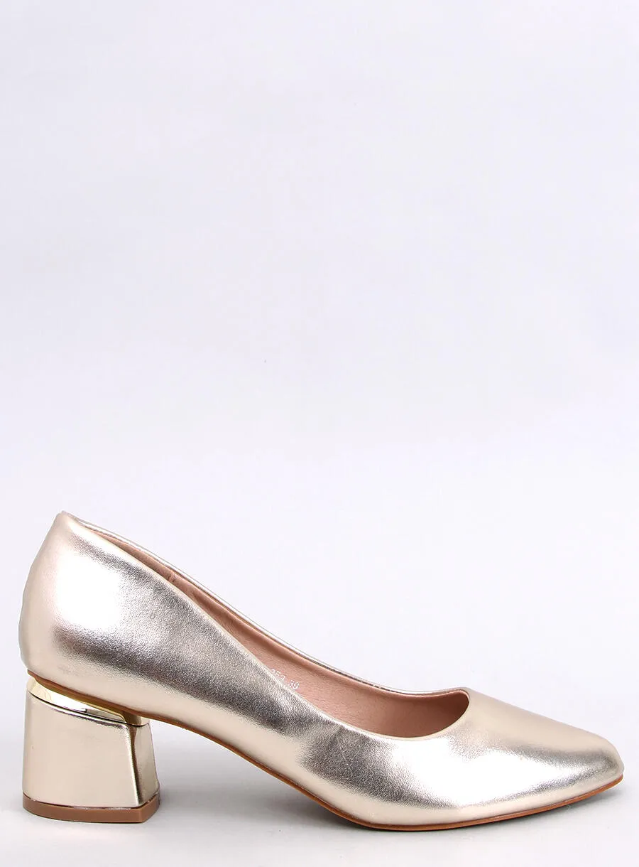 Woman Gold Block Heels Court Shoes