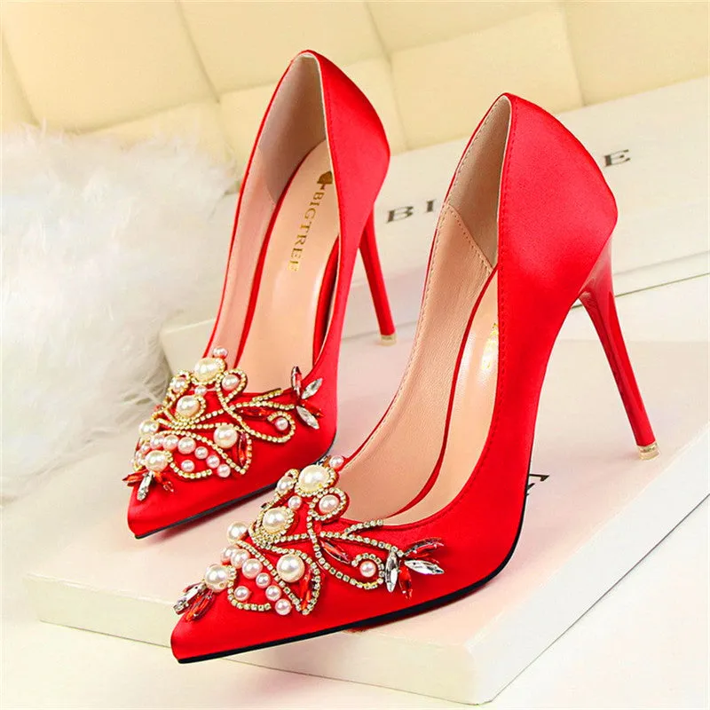 Women Pumps Rhinestone High Heels Shoes Women Pointed Toe Crystal Pearl Party Shoes Sexy Wedding Shoes