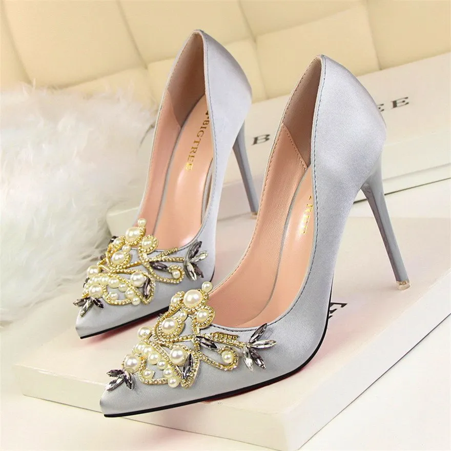 Women Pumps Rhinestone High Heels Shoes Women Pointed Toe Crystal Pearl Party Shoes Sexy Wedding Shoes
