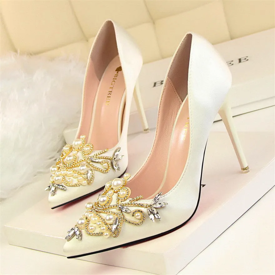 Women Pumps Rhinestone High Heels Shoes Women Pointed Toe Crystal Pearl Party Shoes Sexy Wedding Shoes