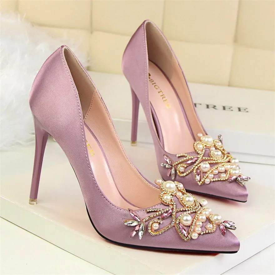 Women Pumps Rhinestone High Heels Shoes Women Pointed Toe Crystal Pearl Party Shoes Sexy Wedding Shoes