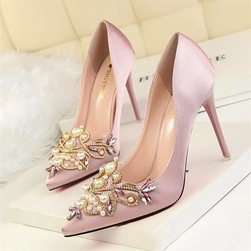 Women Pumps Rhinestone High Heels Shoes Women Pointed Toe Crystal Pearl Party Shoes Sexy Wedding Shoes