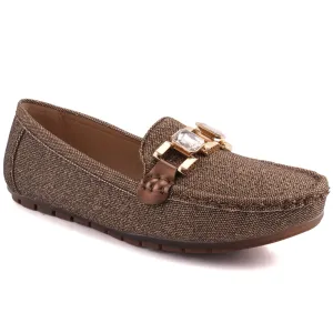 Women "DAHLIA" Perforated  Vamp Shimmer Textured Chain Buckle Slip On Casual Moccasins