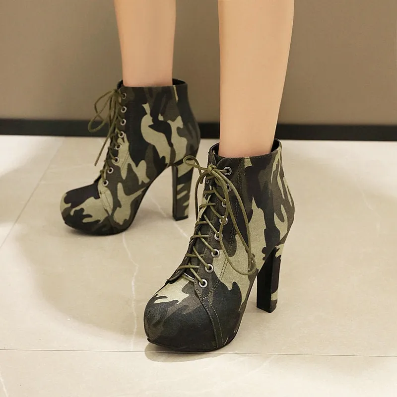 Womens Camouflage Boots Military Boots Cross Strap High Heel 12cm