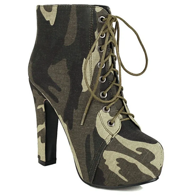 Womens Camouflage Boots Military Boots Cross Strap High Heel 12cm
