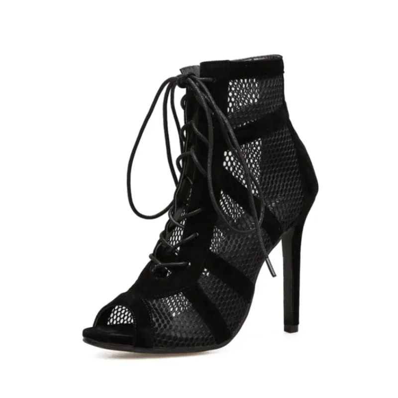 Women's High Heels Pumps Fashion Basic Sandals Boots Lace-Up Cross-Tied Hollow out Mesh Party Shoes