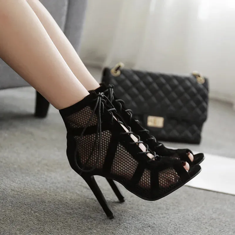 Women's High Heels Pumps Fashion Basic Sandals Boots Lace-Up Cross-Tied Hollow out Mesh Party Shoes