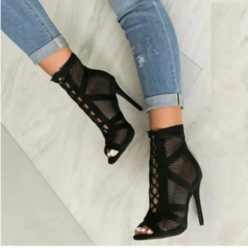 Women's High Heels Pumps Fashion Basic Sandals Boots Lace-Up Cross-Tied Hollow out Mesh Party Shoes