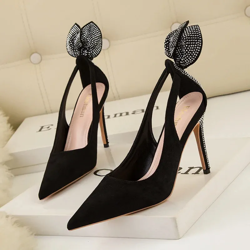 Women's High Heels Suede Stilettos Bow Detail Black Pointed Toe Pumps Sexy Temperament Footwear for Special Occasions