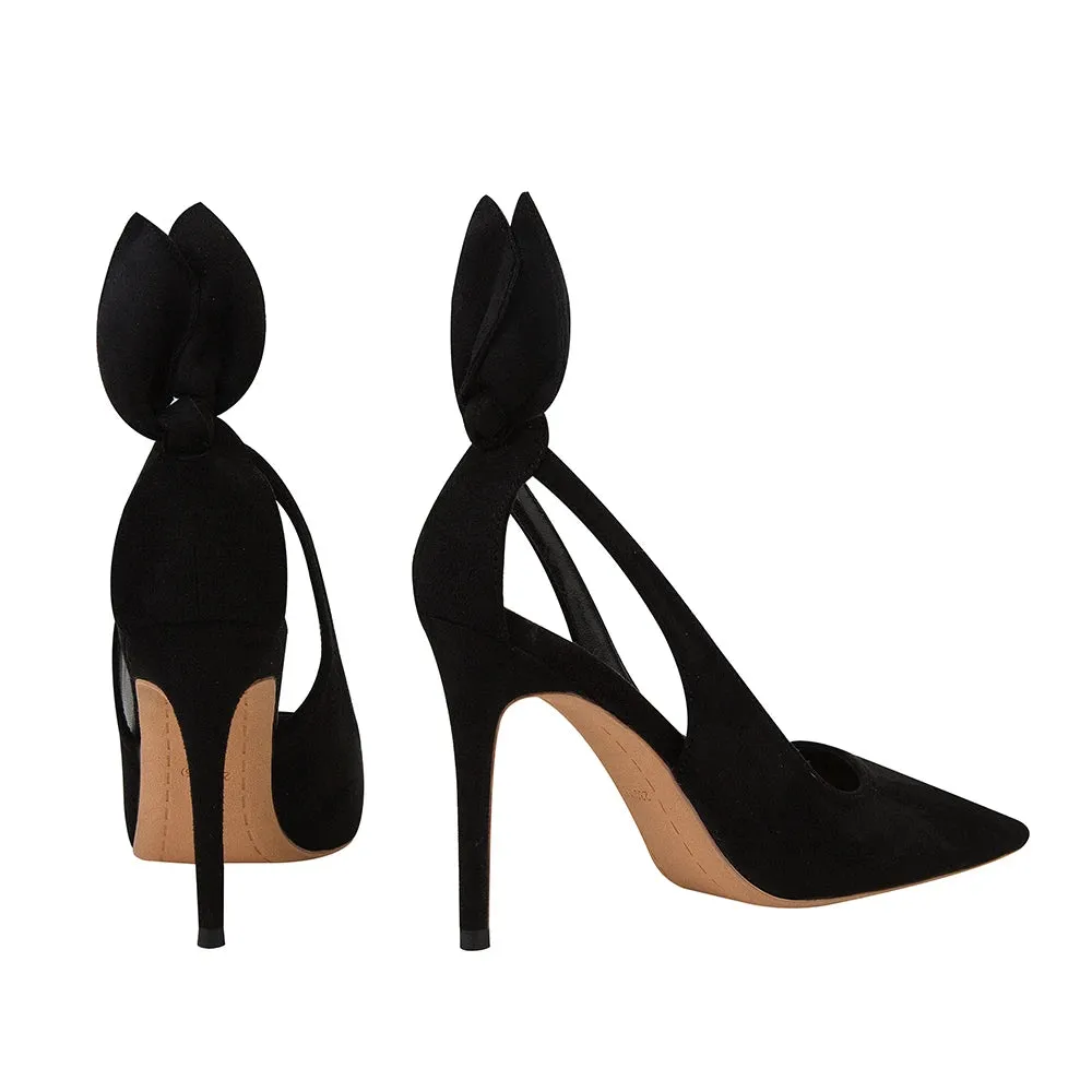 Women's High Heels Suede Stilettos Bow Detail Black Pointed Toe Pumps Sexy Temperament Footwear for Special Occasions