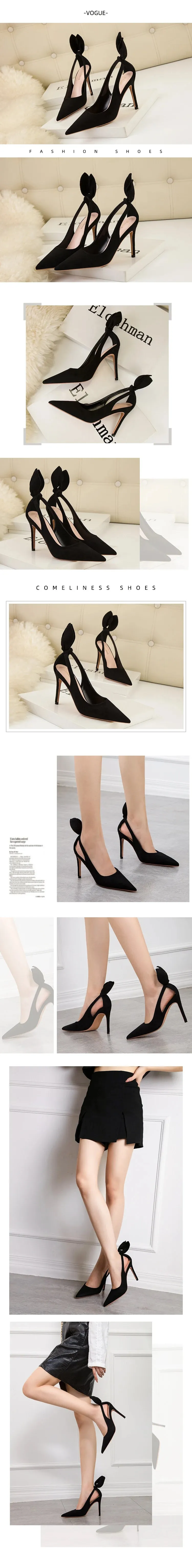 Women's High Heels Suede Stilettos Bow Detail Black Pointed Toe Pumps Sexy Temperament Footwear for Special Occasions