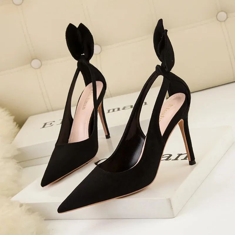 Women's High Heels Suede Stilettos Bow Detail Black Pointed Toe Pumps Sexy Temperament Footwear for Special Occasions