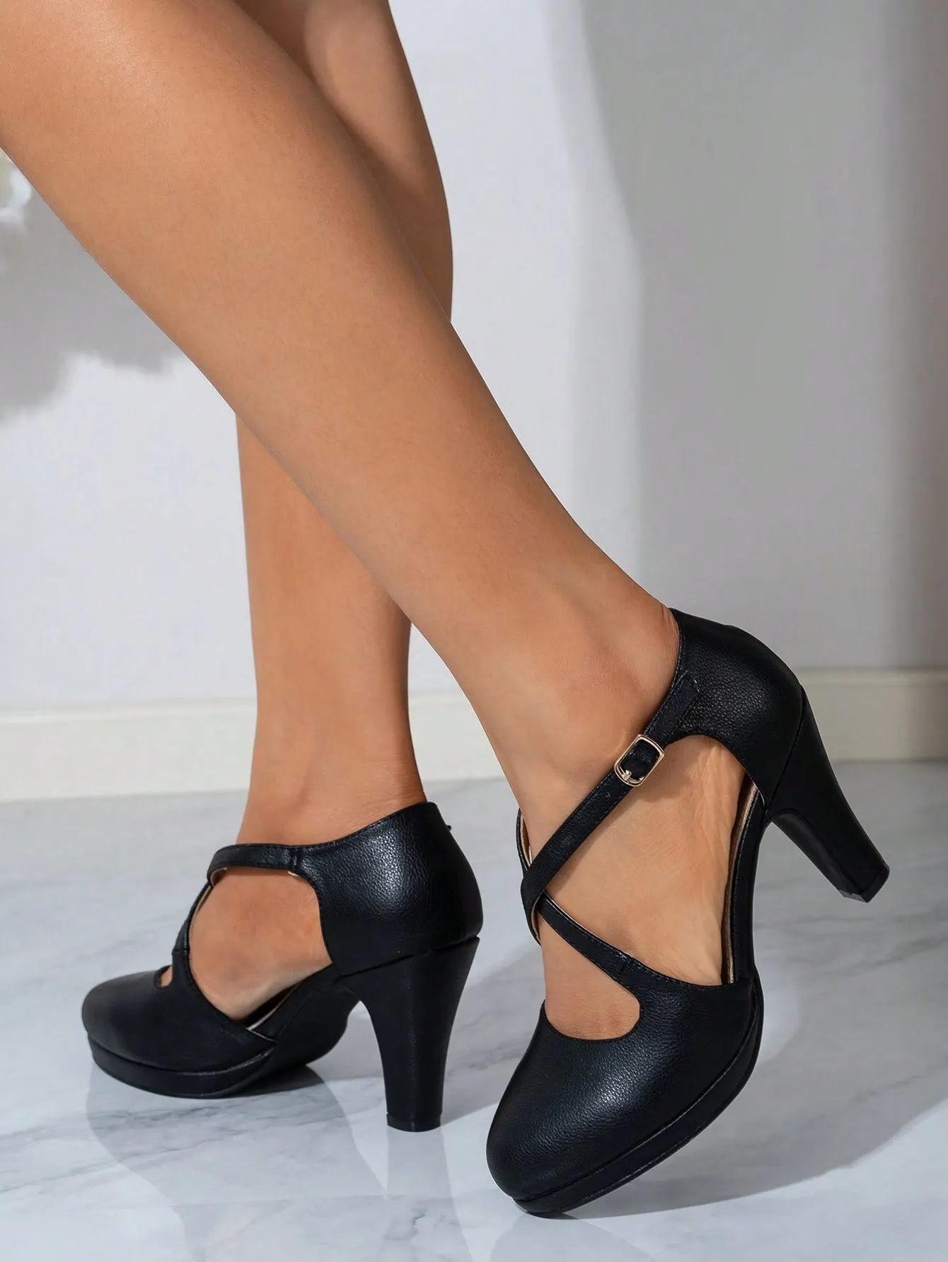 Women's High Heels With Waterproof Platform, Cutout Design And Cross Buckle Strap