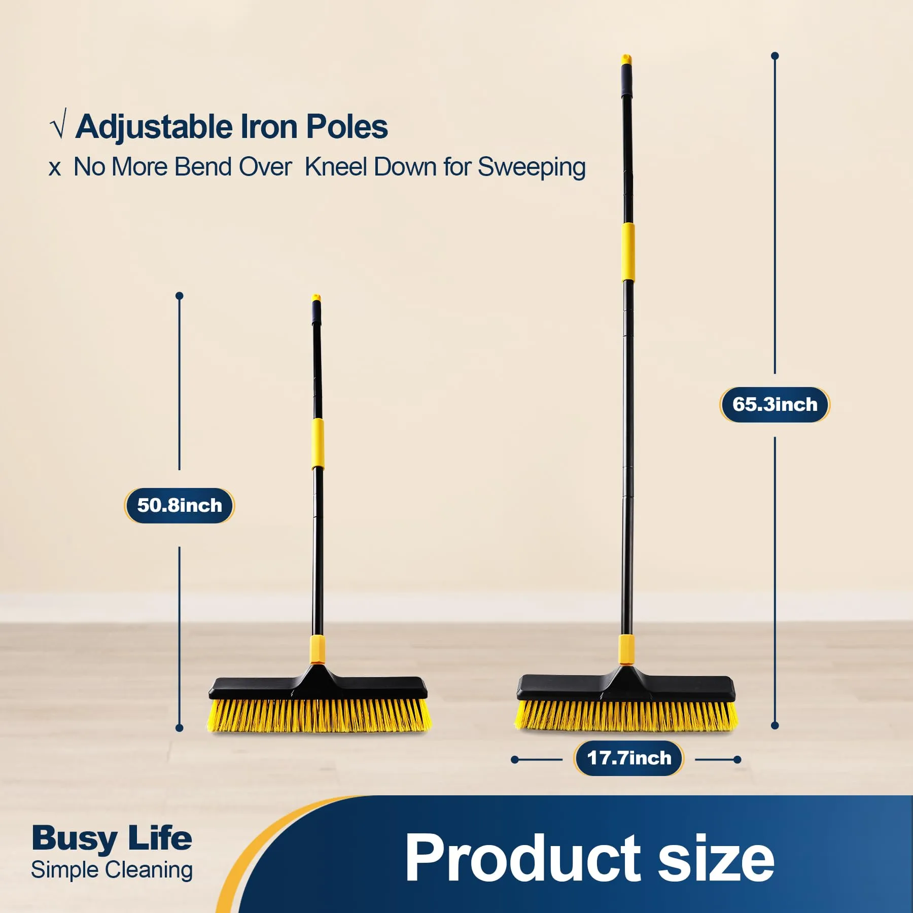 Yocada 18 Inch Push Broom Heavy-Duty Outdoor Commercial Broom Brush Stiff Bristles for Cleaning Patio Garage Deck Concrete Wood Stone Tile Floor 65.3" Long